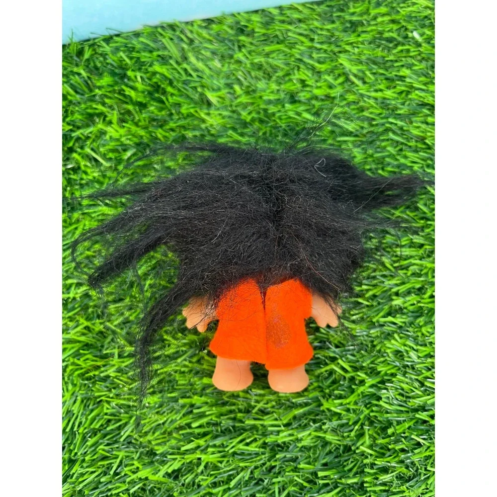Vintage Thomas Dam Troll Doll Black Hair Orange Outfit Amber Eyes 3 Inch Toy